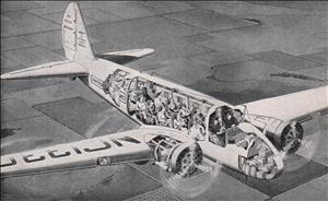 Cutaway drawing shows passengers sitting inside airplane on the runway